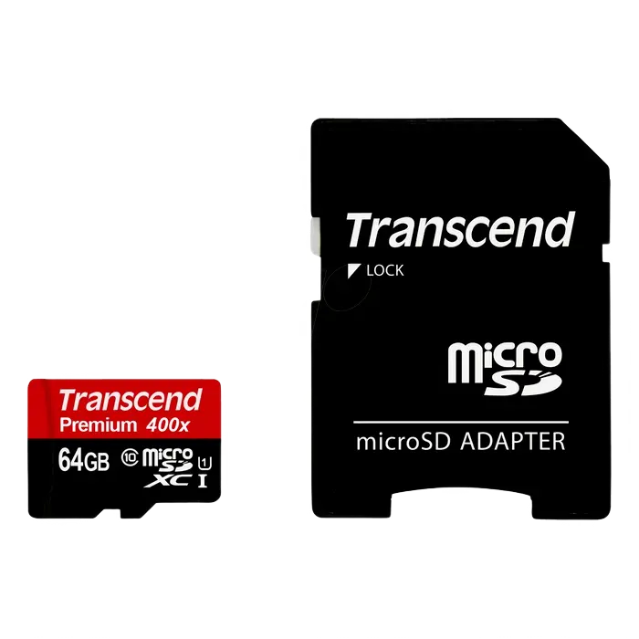 64GB MicroSD (Class 10) UHS-I (U1) +SD adapter, Transcend "TS64GUSDU1" (R/W:60/20MB/s)