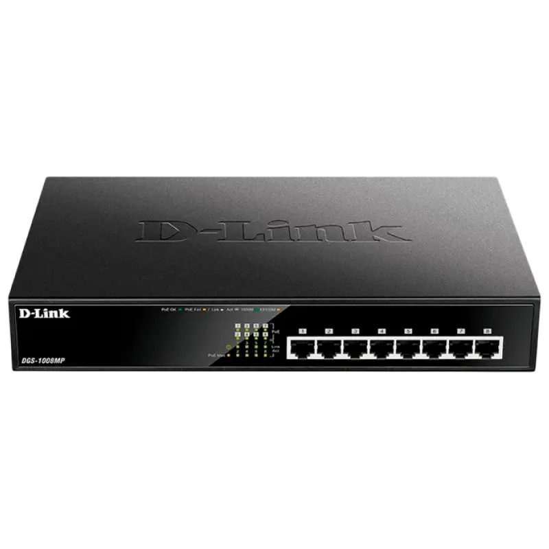 8-port 10/100/1000Mbps PoE, D-Link DGS-1008MP/B1A, 125W Budget