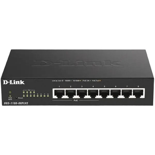 8-port 10/100/1000Mbps POE EASY SMART, D-Link DGS-1100-08PLV2, with 4 PoE Ports, 80W budget