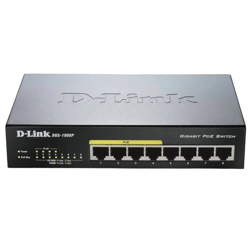 8-port 10/100/1000Mbps POE, D-Link DGS-1008P/E1A, with 4-Port PoE, steel case, 80W Budget