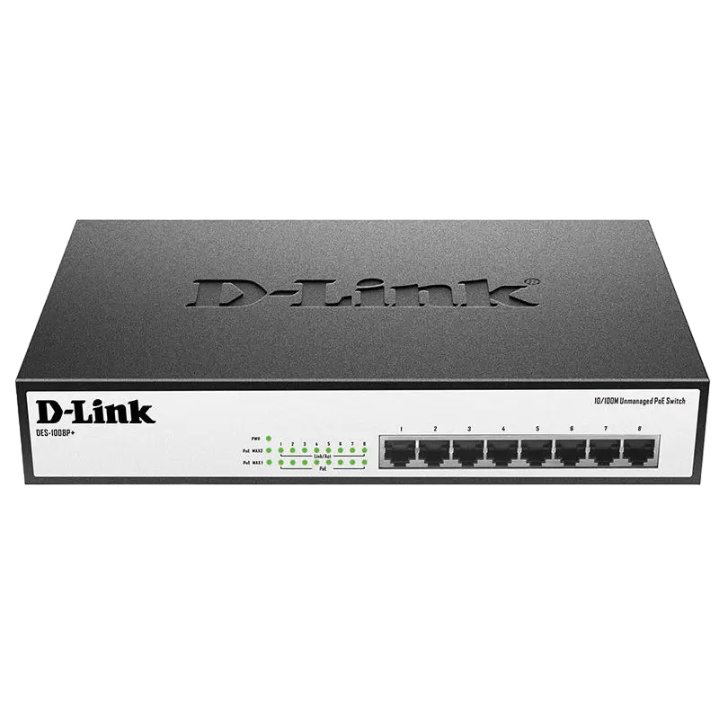 8-port 10/100Mbps POE, D-Link DES-1008P+/A1A, 140W Budget, 19" Rackmount, Steel Case