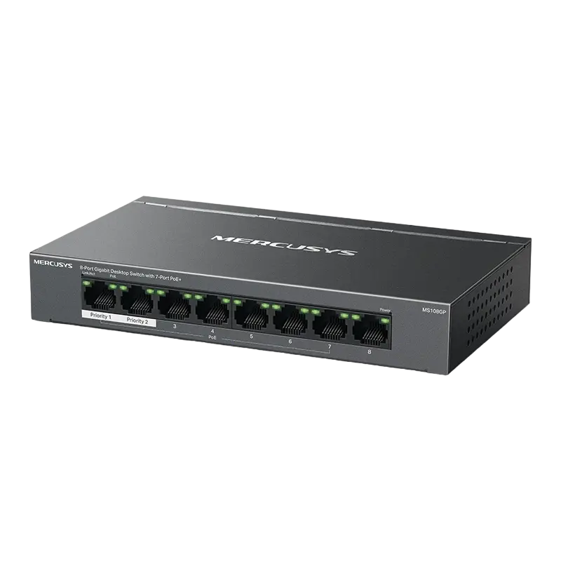 Switch PoE Gigabit Mercusys MS108GP, 8 porturi, 7x PoE+, 65W