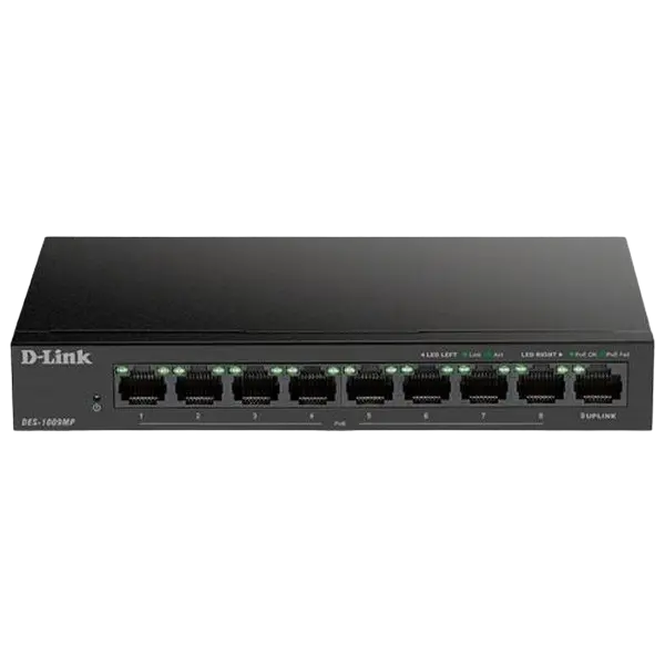9-port 10/100Mbps POE, D-Link DES-1009MP/A1A, with 8 PoE Ports, 1xGigabit Uplink, 117W Budget