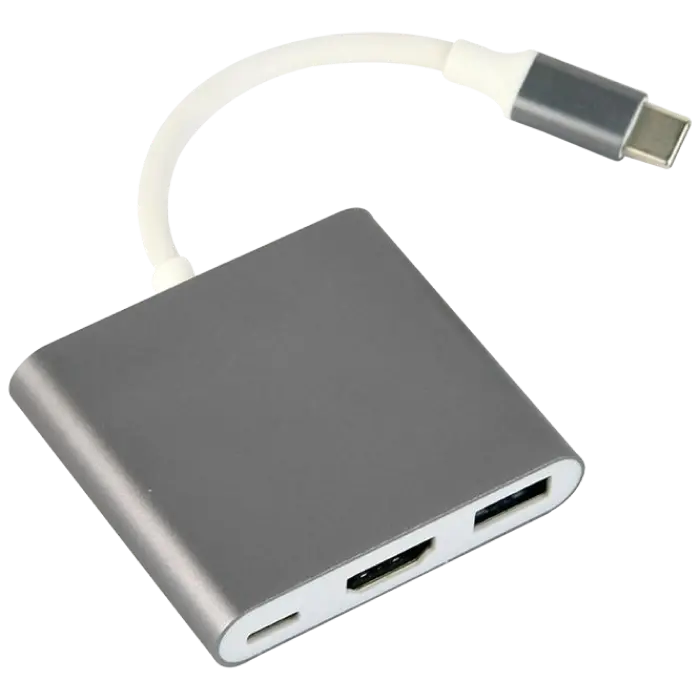 Adapter 3-in-1 Type-C to HDMI/USB/Type-C sockets, cable 75mm, Grey, Cablexpert A-CM-HDMIF-02-SG