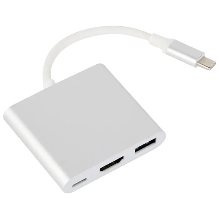 Adapter 3-in-1 Type-C to HDMI/USB/Type-C sockets, cable 75mm, Silver, Cablexpert A-CM-HDMIF-02-SV