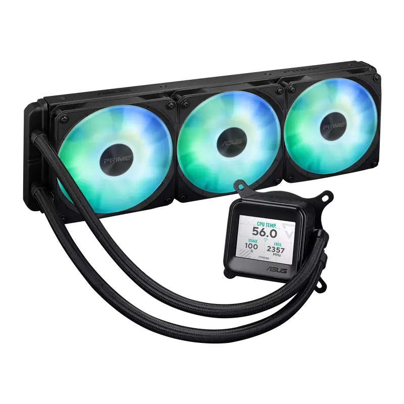 AIO Liquid Cooling ASUS "PRIME LC 360 ARGB LCD" (<36,5dBA, 3x120mm, ARGB, 800-3600RPM, 77,22CFM)