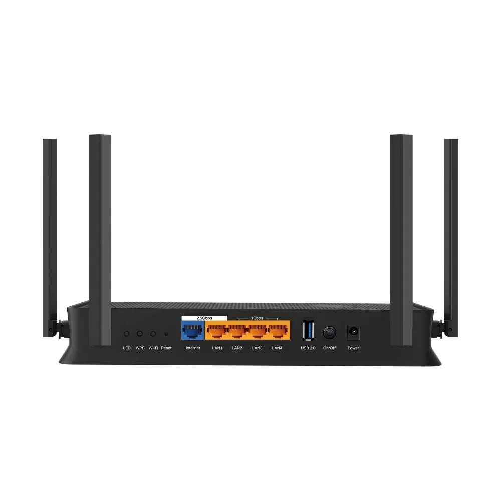 TP-LINK Archer BE230 Wi-Fi 7 BE3600 Wireless 2.5Gigabit Router, 2882Mbps at 5Ghz + 688Mbps at 2.4Ghz, 802.11be/ax/ac/a/b/g/n, 1x 2.5 Gigabit WAN+ 1x 2.5Gigabit LAN + 3x Gigabit LAN, OFDMA, 2xMU-MIMO, Beamforming, USB, 4 fixed antennas, vedere laterală