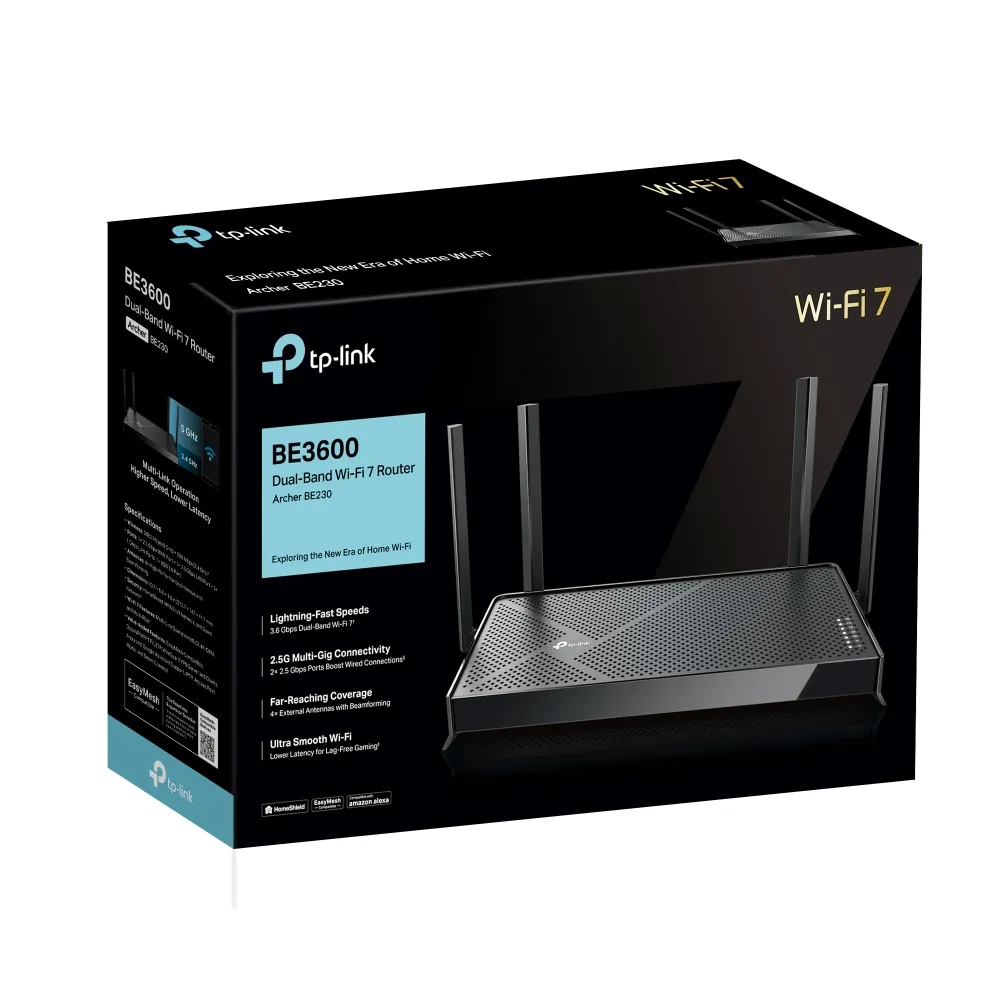 TP-LINK Archer BE230 Wi-Fi 7 BE3600 Wireless 2.5Gigabit Router, 2882Mbps at 5Ghz + 688Mbps at 2.4Ghz, 802.11be/ax/ac/a/b/g/n, 1x 2.5 Gigabit WAN+ 1x 2.5Gigabit LAN + 3x Gigabit LAN, OFDMA, 2xMU-MIMO, Beamforming, USB, 4 fixed antennas, vedere posterioară