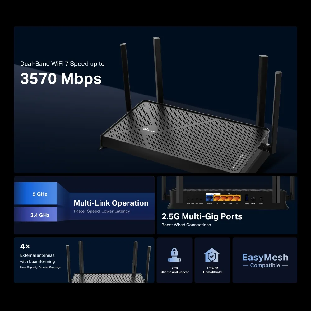 TP-LINK Archer BE230 Wi-Fi 7 BE3600 Wireless 2.5Gigabit Router, 2882Mbps at 5Ghz + 688Mbps at 2.4Ghz, 802.11be/ax/ac/a/b/g/n, 1x 2.5 Gigabit WAN+ 1x 2.5Gigabit LAN + 3x Gigabit LAN, OFDMA, 2xMU-MIMO, Beamforming, USB, 4 fixed antennas, detaliu interfață