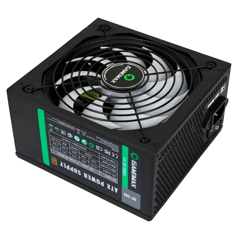 Power Supply ATX 500W GAMEMAX GP-500, 80+ Bronze, 140mm, Active PFC, DC/DC, Flat cable design, Black