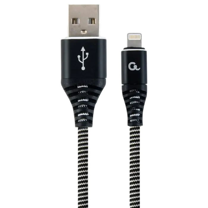 Blister Lightning 8-pin/USB2.0, 2.0m Cablexpert Cotton Braided Black/Wnite, CC-USB2B-AMLM-2M-BW