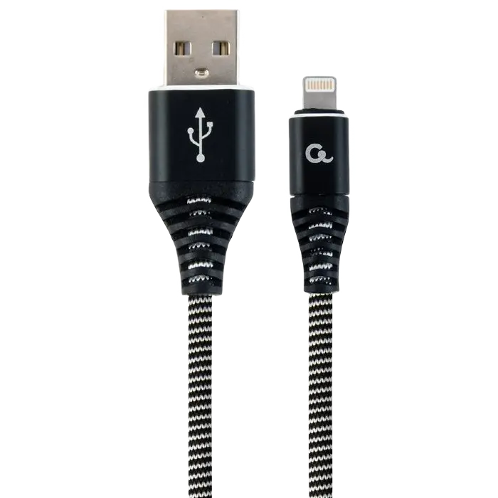 Blister Lightning 8-pin/USB2.0, 1.0m Cablexpert Cotton Braided Black/Wnite, CC-USB2B-AMLM-1M-BW