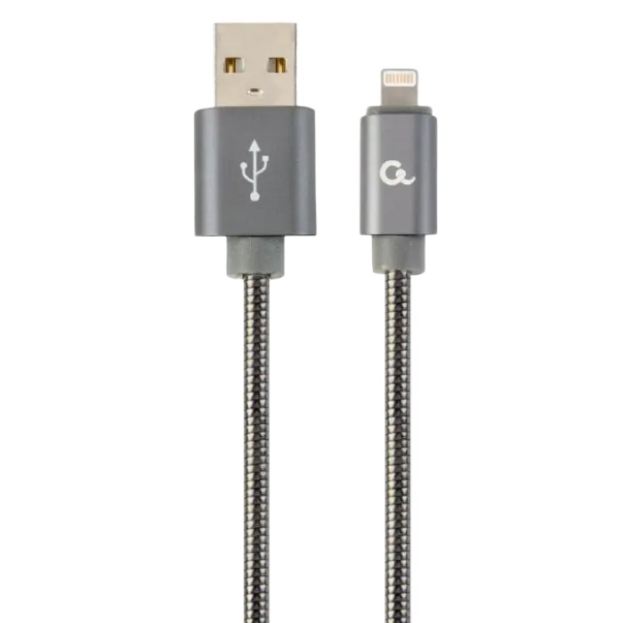 Blister Lightning 8-pin/USB2.0. 2.0m Cablexpert Spiral Metal, Metallic/Grey, CC-USB2S-AMLM-2M-BG