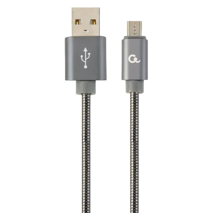Blister MicroUSB/USB2.0, 1.0 m, Cablexpert Premium spiral metal metallic-grey CC-USB2S-AMmBM-1M-BG