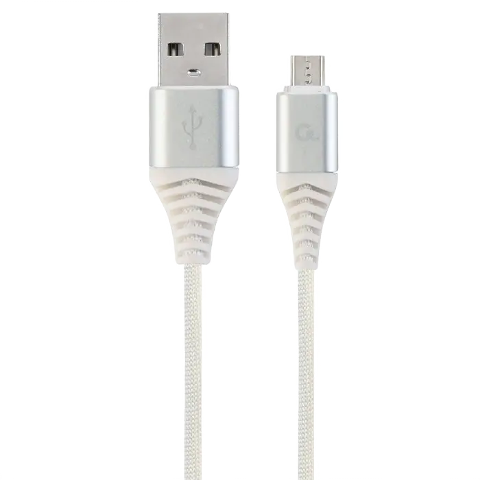 Blister MicroUSB/USB2.0, 1.0 m, Cablexpert Cotton Braided Silver/White, CC-USB2B-AMmBM-1M-BW2