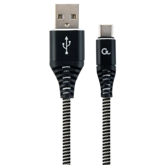 Blister Type-C/USB2.0, AM/CM, 2.0 m, Cablexpert Cotton Braided Black/White, CC-USB2B-AMCM-2M-BW