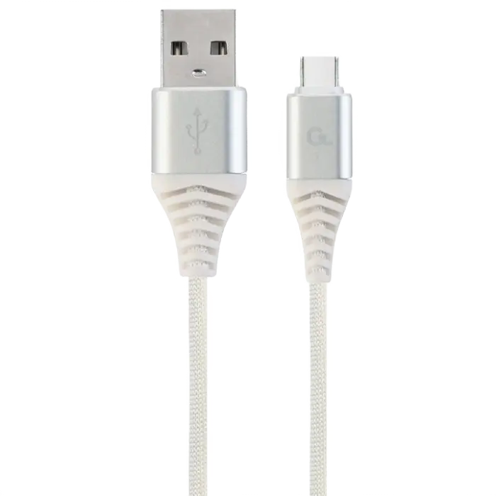 Blister Type-C/USB2.0, AM/CM, 1.0 m, Cablexpert Cotton Braided Silver/White, CC-USB2B-AMCM-1M-BW2