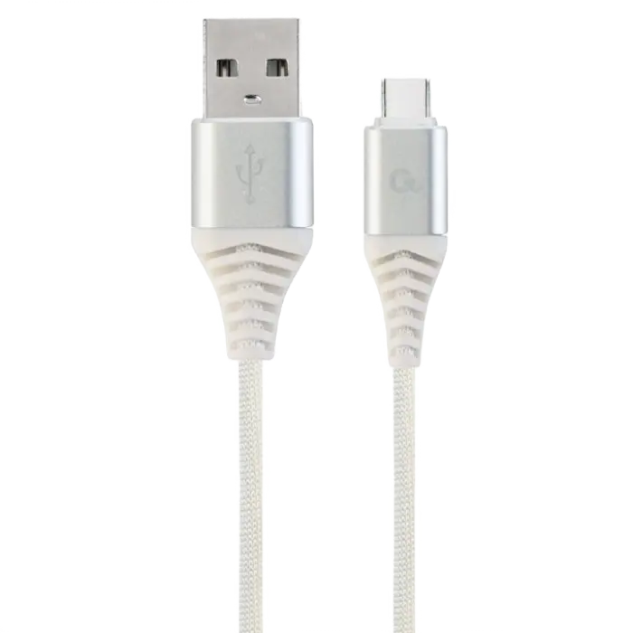 Blister Type-C/USB2.0, AM/CM, 2.0 m, Cablexpert Cotton Braided Silver/White, CC-USB2B-AMCM-2M-BW2
