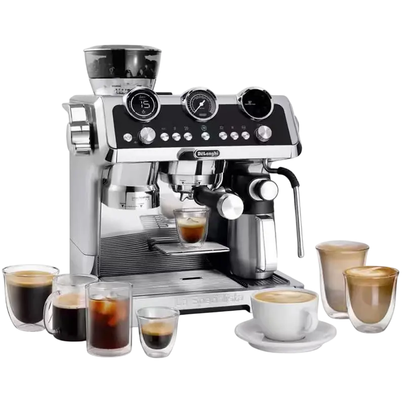 Espressor automat DeLonghi EC 9865.M inox 19 bar cu rasnita, vedere laterală