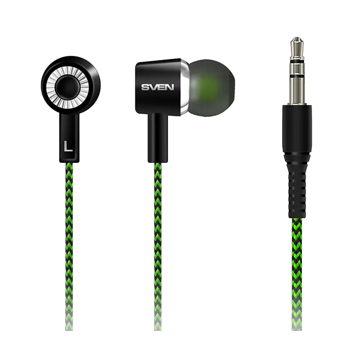 Earphones SVEN E-107 Black/Green, 3pin 3.5mm mini-jack