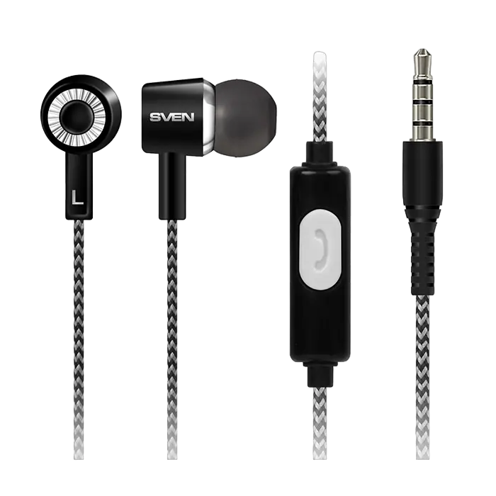 Earphones SVEN E-109M, Black, with Microphone, 4pin 3.5mm mini-jack, cable 1.2m