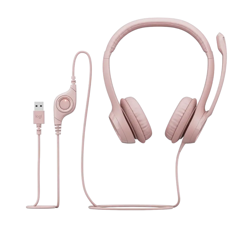 Casti Logitech H390 roz, USB cu microfon, vedere posterioară