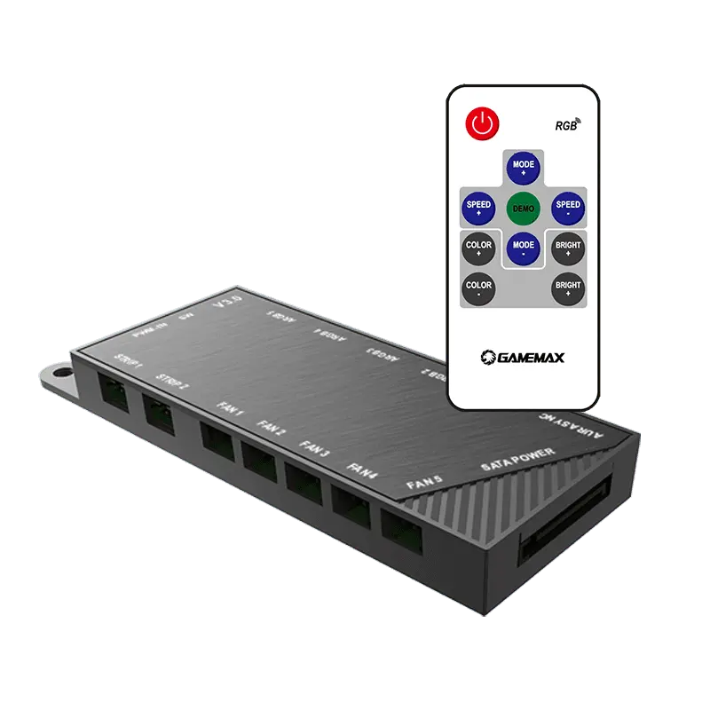 Fan Hub Gamemax Controller v3.0, 5 ports, 2 strips(3-pin), up to 24W, ARGB, PWM, Remote Control