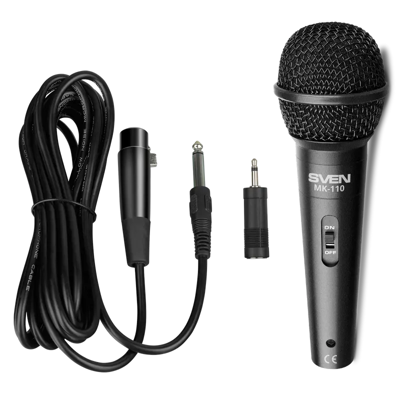 Karaoke Microphone SVEN "MK-110", Wired, dynamic, metal, cable 4.0 m, 6.3/3.5mm Jack, cardioid, bla