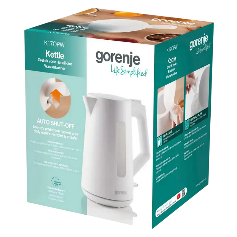 Fierbător electric Gorenje K17OPW, alb, 1.7 L, 2200 W, vedere alternativă