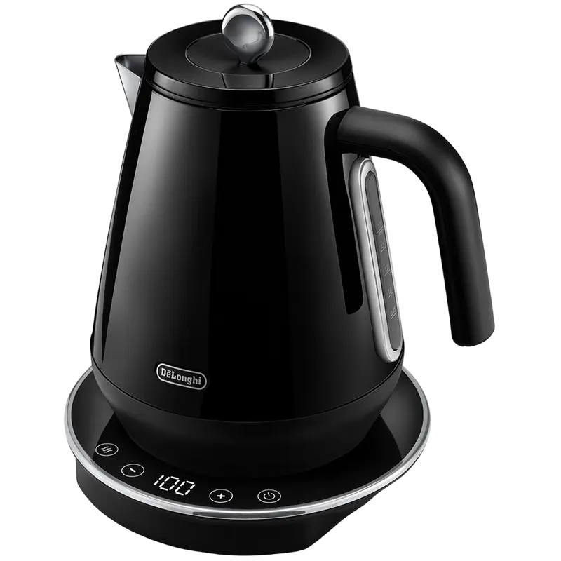 Fierbător electric DeLonghi KBY2011.BK, inox 1.7 L, menținere temperatură, vedere laterală