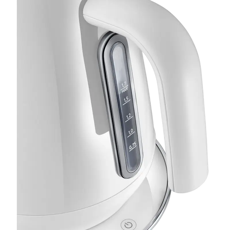 Fierbător electric DeLonghi KBY 2011 W, 1.7L, inox alb, 2200W, menținere temperatură, vedere laterală
