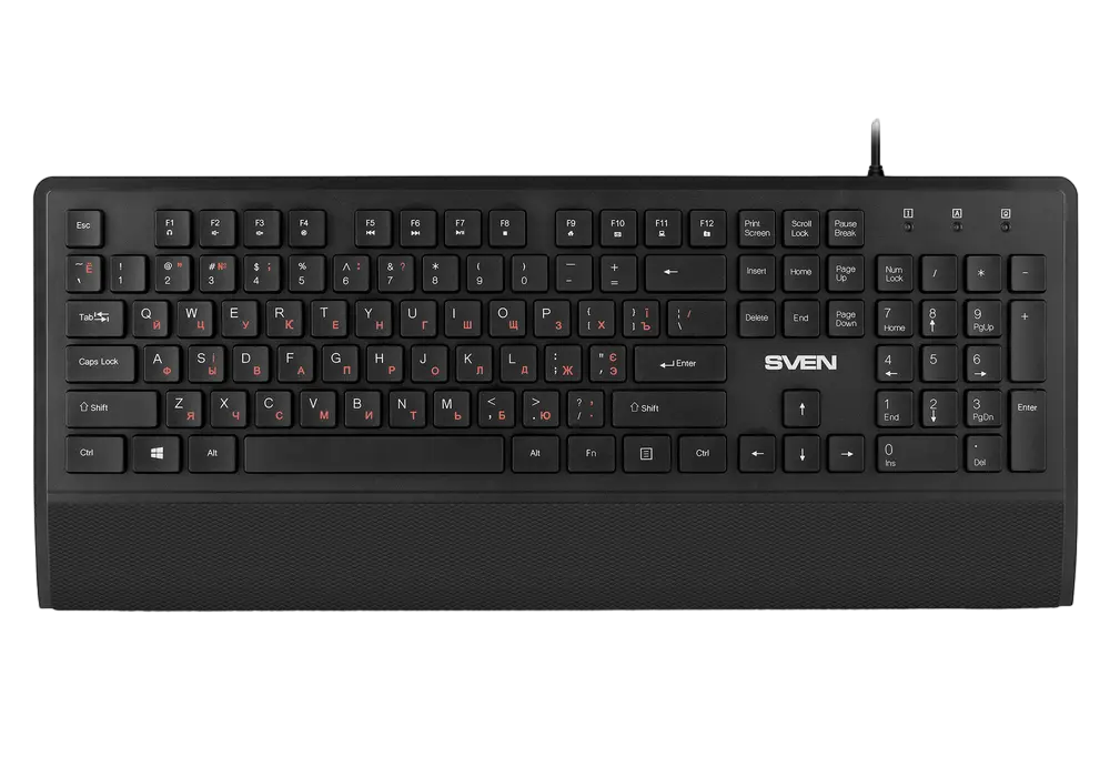 Keyboard SVEN KB-E5500, Fn keys, Slim design, Splash proof, Wrist rest, 1.5m, USB, EN/RU, Balck