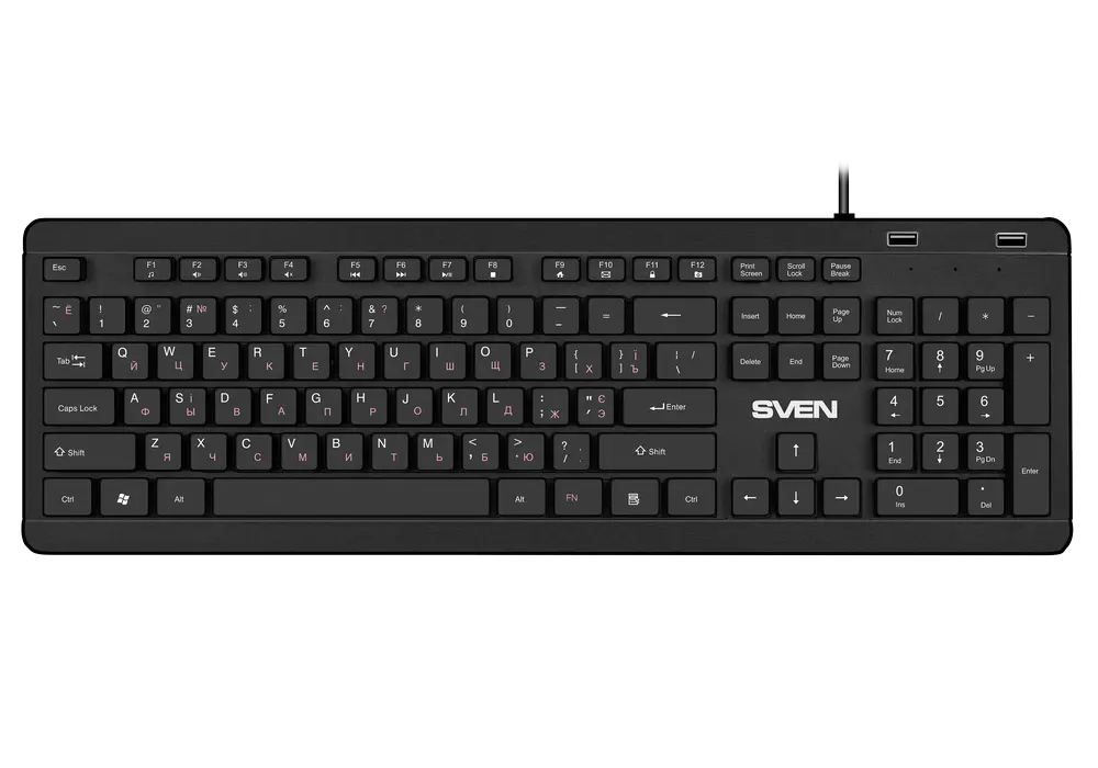 Keyboard SVEN KB-E5700H, Fn keys, Slim design, Splash proof, 2xUSB ports, 1.5m, USB, EN/RU, Black