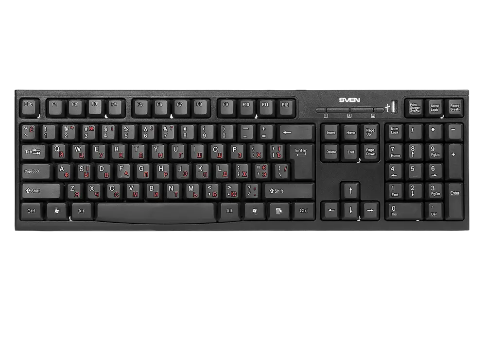 Keyboard SVEN Standard 304, Classic layout, Splash proof, 1xUSB port, 1.5m, USB, EN/RU, Black