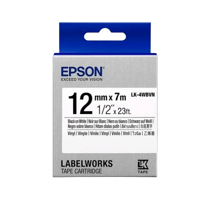 Bandă etichete Epson LK-4WBVN; 12mm/7m Vinyl, Black/White