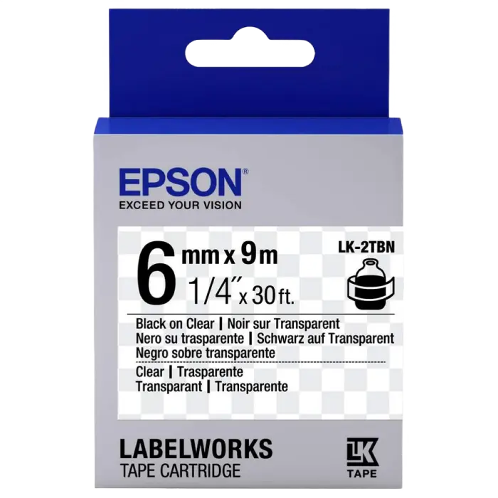 Bandă etichete Epson LK2TBN; 6mm/9m Transparent, Blk/Clear