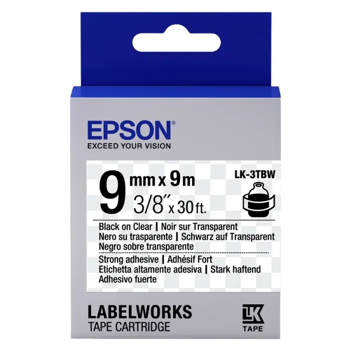Bandă etichete Epson LK3TBW; 9mm/9m Strong Adhesive, Black/Clear