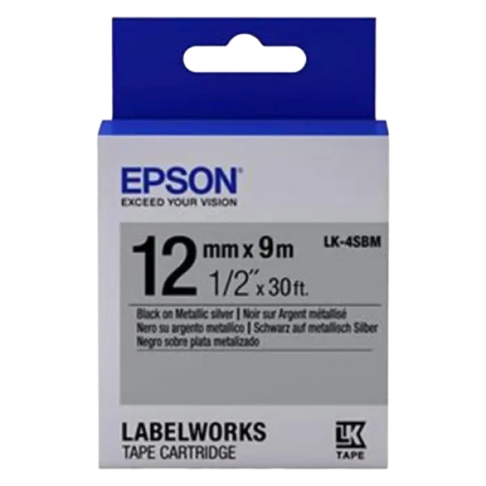 Bandă etichete Epson LK4SBM; 12mm/9m Metallic, Black/Silver