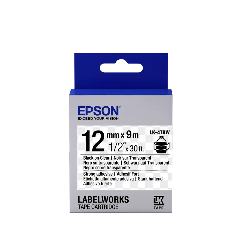 Bandă etichete Epson LK4TBW: 12mm/9m, Strong adhesive, Black/Clear