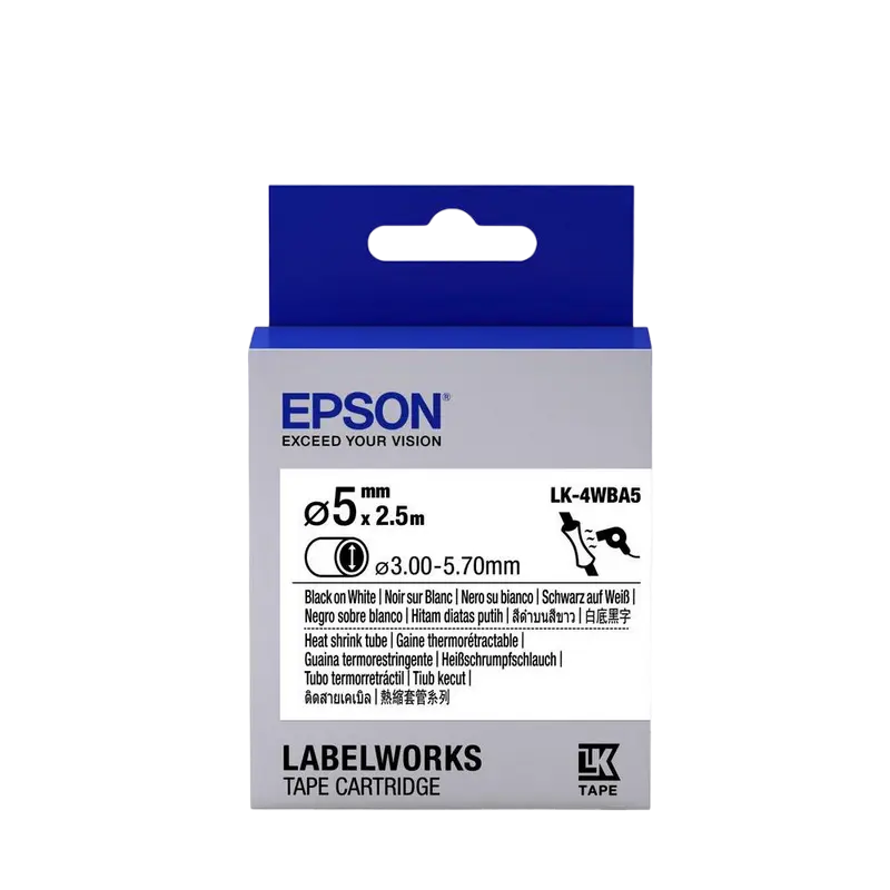 Bandă etichete Epson LK4WBA5 Heat Shrink: d5mm/2,5m, Black/White