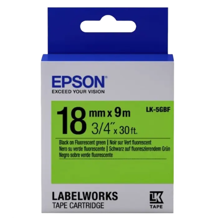 Bandă etichete Epson LK5GBF; 18mm/9m Fluorescent, Black/Green