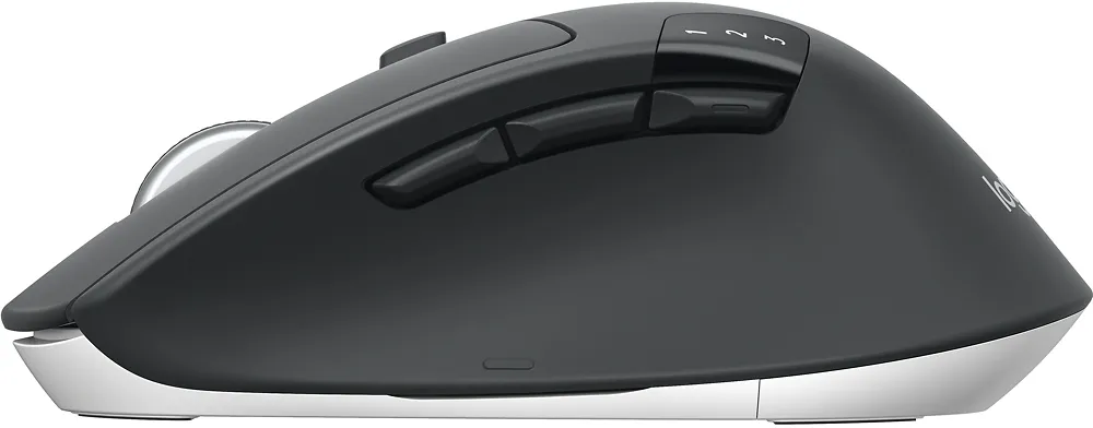 Logitech Wireless Mouse M720 Triathlon, Black, Optical Mouse, Multi-device, Hyper-fast scrolling, Switching seamlessly between 3 computers, Bluetooth Smart and 2.4GHz wireless connection, Black/White, Retail, vedere laterală