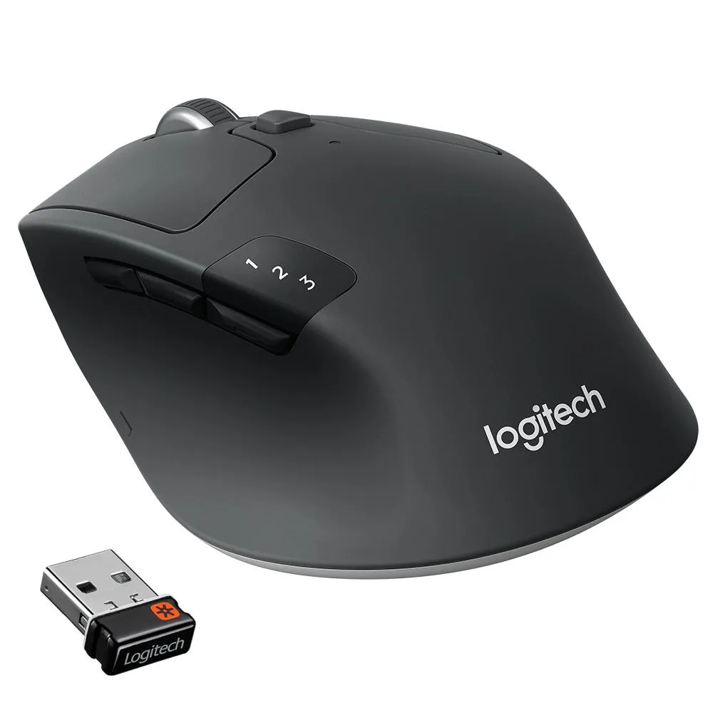 Logitech Wireless Mouse M720 Triathlon, Black, Optical Mouse, Multi-device, Hyper-fast scrolling, Switching seamlessly between 3 computers, Bluetooth Smart and 2.4GHz wireless connection, Black/White, Retail, vedere posterioară
