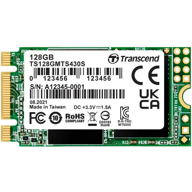 M.2 SATA SSD 128GB Transcend "TS128GMTS430S" [42mm, R/W:560/380MB/s, 35K/80K IOPS, SM2258, 3DTLC]