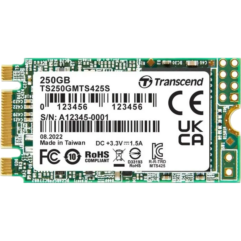 M.2 SATA SSD 250GB Transcend "TS250GMTS425S" [42mm, R/W:500/330MB/s, 40K/75K IOPS, 90 TBW, 3D TLC]