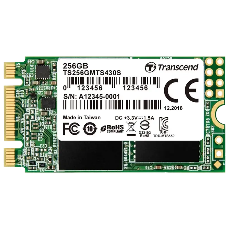 M.2 SATA SSD 256GB Transcend "TS256GMTS430S" [42mm, R/W:530/400MB/s, 45K/70K IOPS, SM2258, 3DTLC]