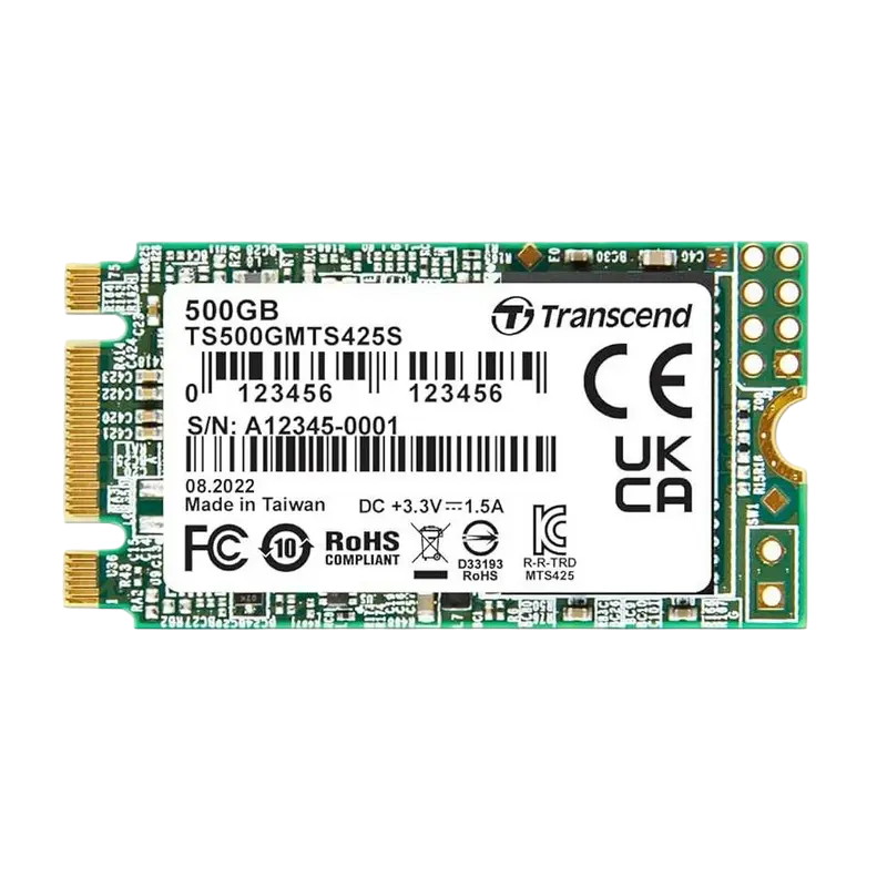 M.2 SATA SSD 500GB Transcend "TS500GMTS425S" [42mm, R/W:530/480MB/s, 50K/75K IOPS, 180 TBW, 3DTLC]