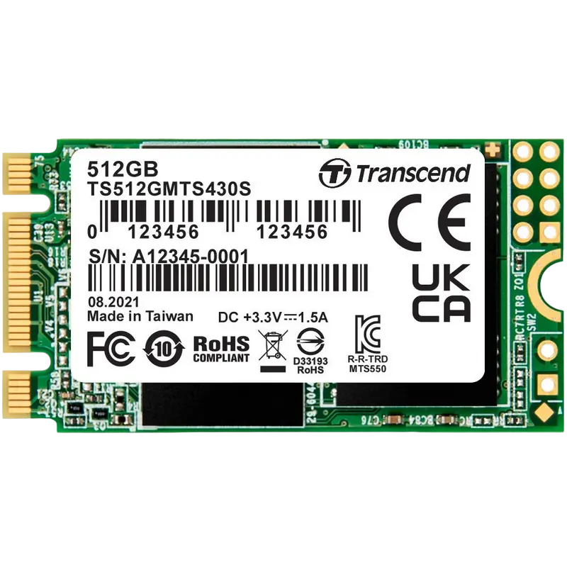 M.2 SATA SSD 512GB Transcend "TS512GMTS430S" [42mm, R/W:560/500MB/s, 80K/88K IOPS, SM2258, 3DTLC]