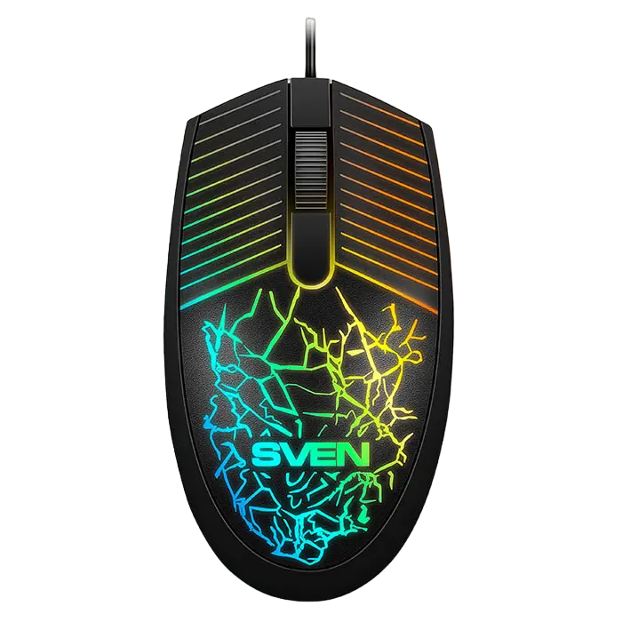 Mouse SVEN RX-70, 1200 dpi, 3 buttons, Ambidextrous, Backlight, Soft Touch, 87g., 1.5m, USB, Black