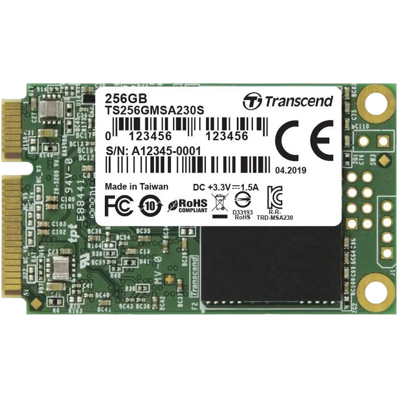 mSATA SSD 256GB Transcend "TS256GMSA230S" [R/W:550/400MB/s, 55/70K IOPS, SM2258H, 3D TLC]